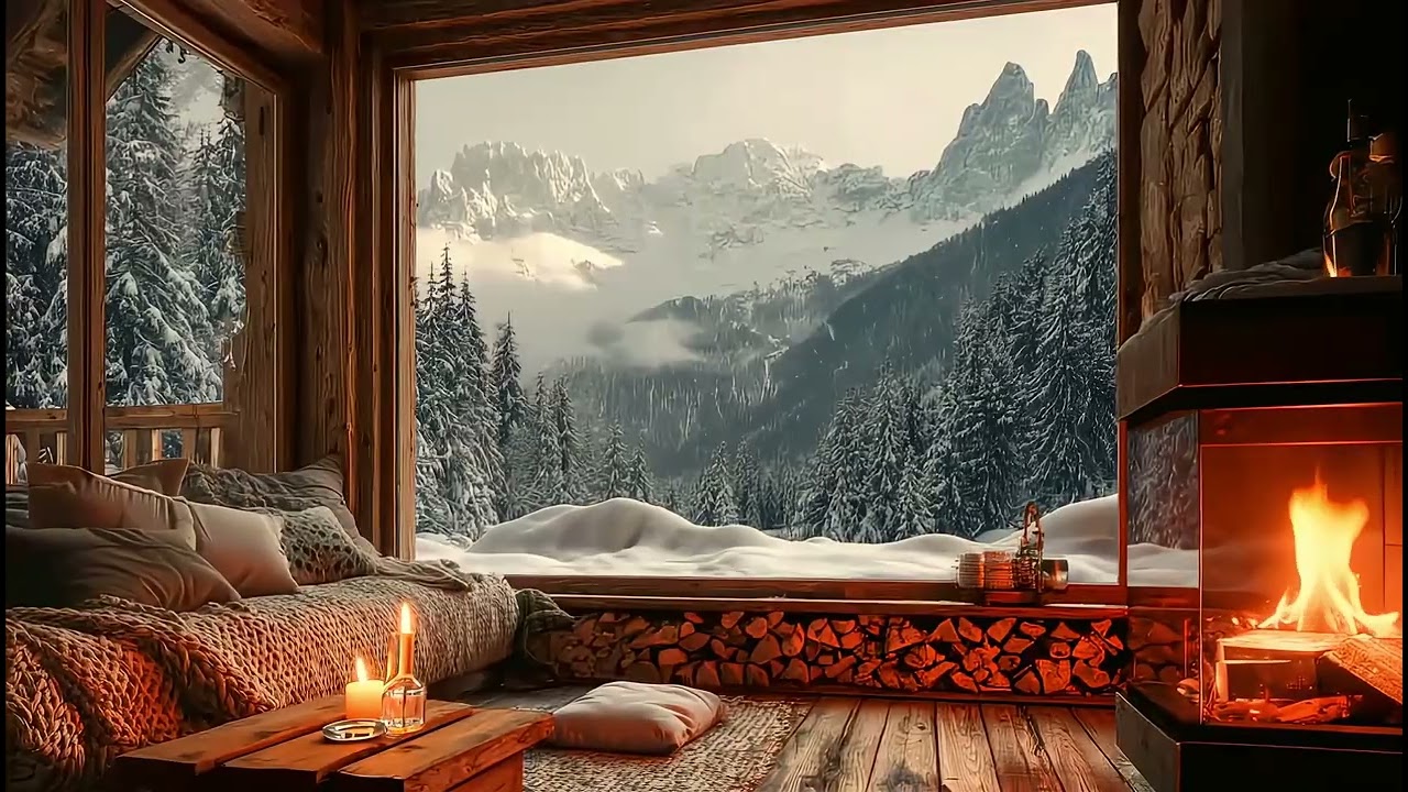 Rustic Winter Cabin Ambience 🏔️ Relaxing Jazz & Fireplace Sounds for Study