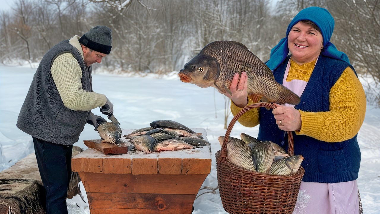 Winter Fish Cooking in a Remote Snowy Village