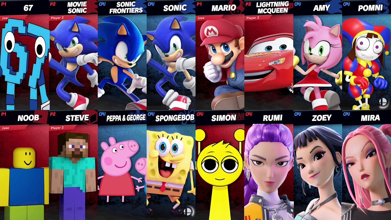 Sonic vs Mario vs Peppa vs 67 vs Roblox vs Minecraft vs Car vs Fortnite | Super Smash Bros Ultimate