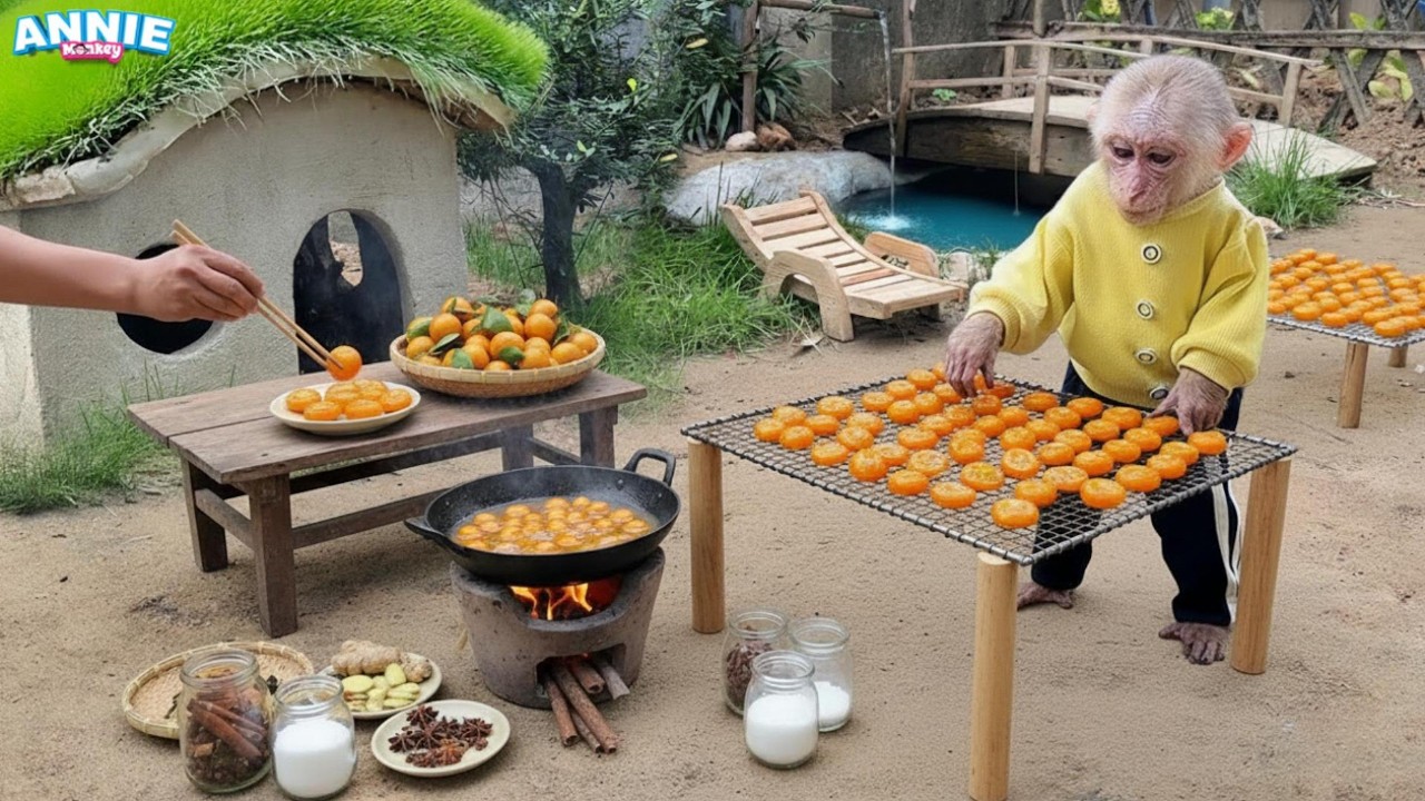 Wow! Little monkey Annie harvests kumquats and helps dad cook a one-of-a-kind dish