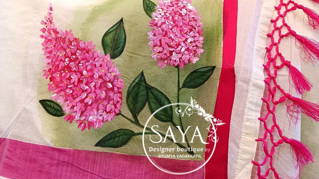 Handpainting Pink Florals on a Kerala Cotton Saree | Pink Border Saree Design