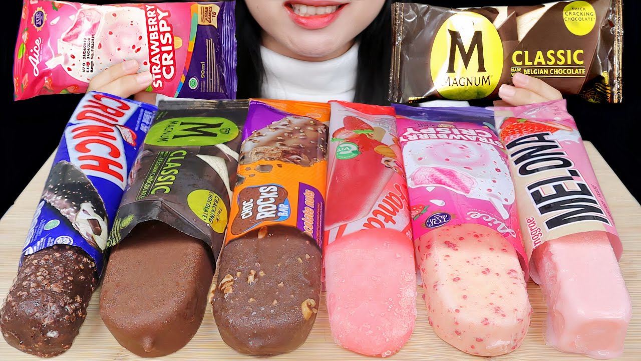 ASMR CHOCOLATE AND PINK ICE CREAM | MAGNUM, NESTLE CRUNCH, AICE STRAWBERRY CRISPY, BINGGRAE MELONA