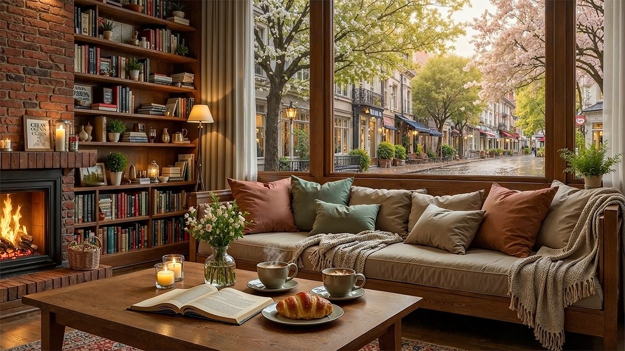 Beautiful Spring Coffee Shop Ambience | Gentle Jazz Music & Crackling Fireplace for Relax, Study