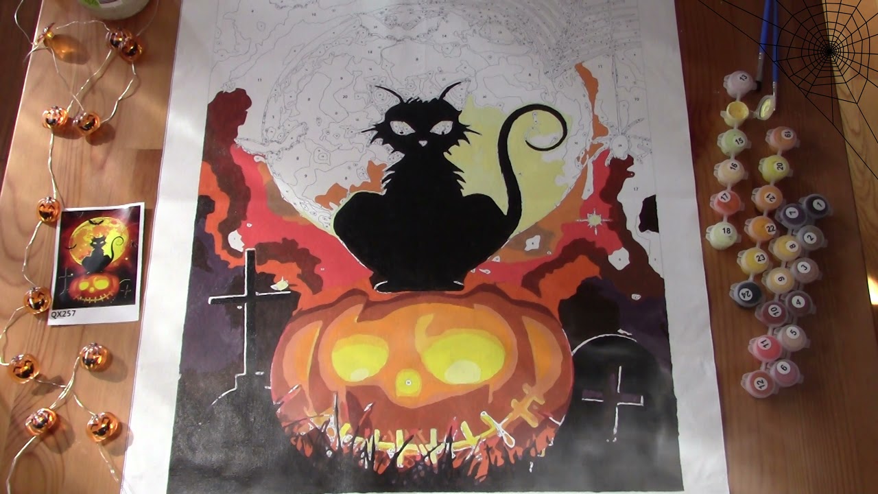 Paint by numbers - Halloween Pumpkin cat in a cemetery - time lapse
