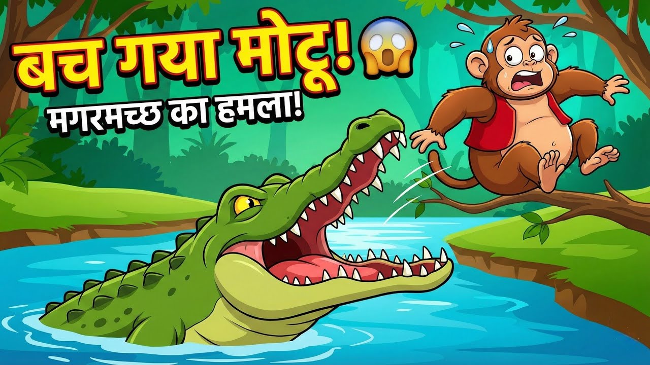 मगरमच्छ ने की मोटू बंदर को खाने की कोशिश! 🐊😱 - Jungle Story| Moral Kahaniya| Animated Hindi Kahaniya