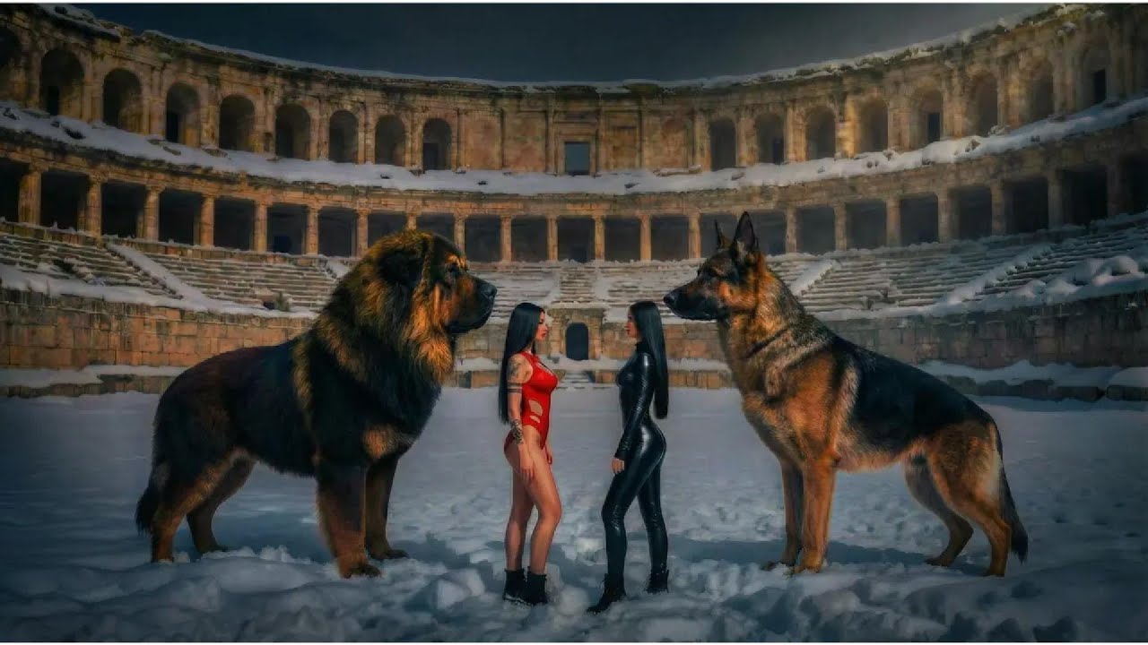 Ancient Arena Clash: Epic Canine Battle in a Snowy Greek Colosseum