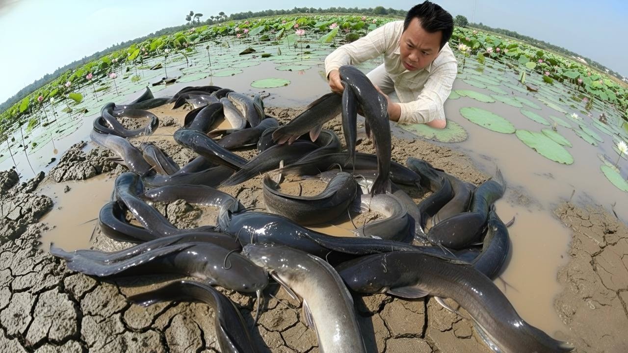A man so funny find and collect the fish near the pumping water a lot of Fishes in the rice Field