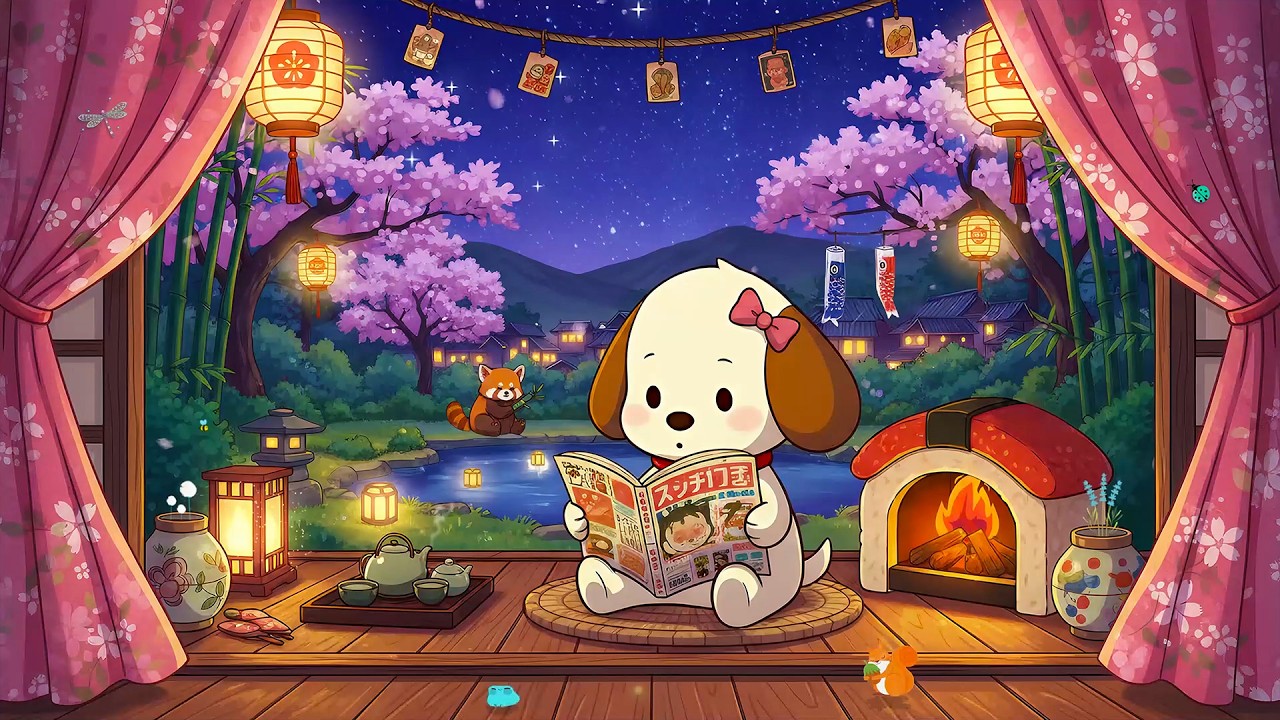 Cute Puppy Reading Under Sakura 🏮 Nio Lofi Beats to Relax Study 🌌 Magical Starry Spring Night