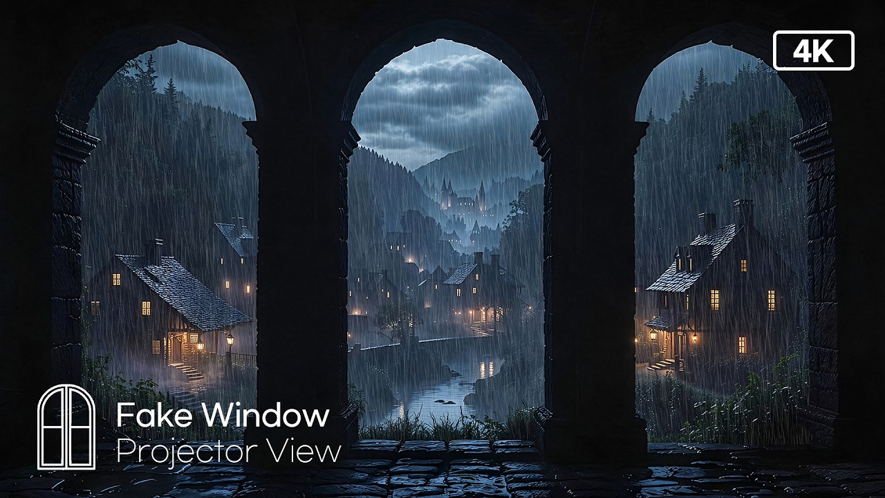 Rainy Medieval Village View 4K 🌧️ Gothic Castle Arch for Sleep | Fake Window Projector