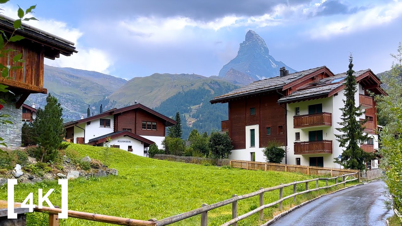 Zermatt, Switzerland 4K - Walking on Rainy Day - Matterhorn View - Swiss Village