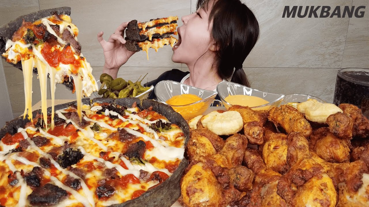 титр) Hot pepper Fried Chicken & Steak truffle Chicago Pizza Cheese pizza REAL SOUND ASMR MUKBANG