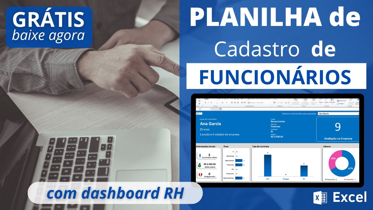 ✅[Gratuita] Planilha de Controle e Cadastro de Funcion&aacute;rios GR&Aacute;TIS com Dashboard RH - Planilha Excel
