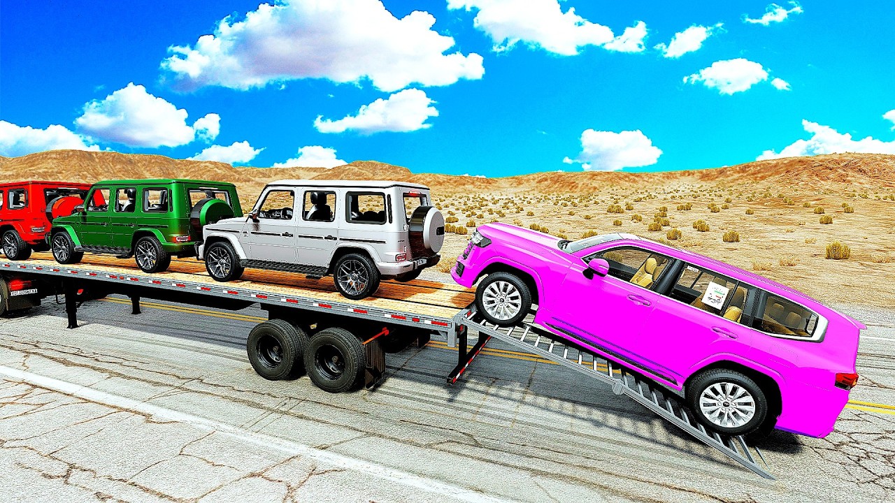 Four Trucks Transporting cars with Flatbed Trailers | Cars vs Speedbump vs Train vs Pothole #000