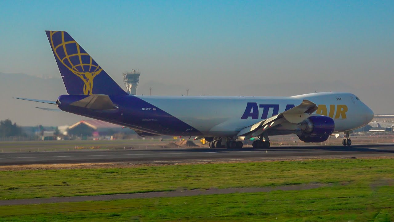 Atlas Air Boeing 747 taking off from Santiago. Plane spotting at Pudahuel [SCL] airport.