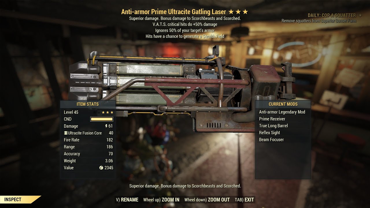 Fallout 76: Anti Armor Ultracite Gatling Laser.