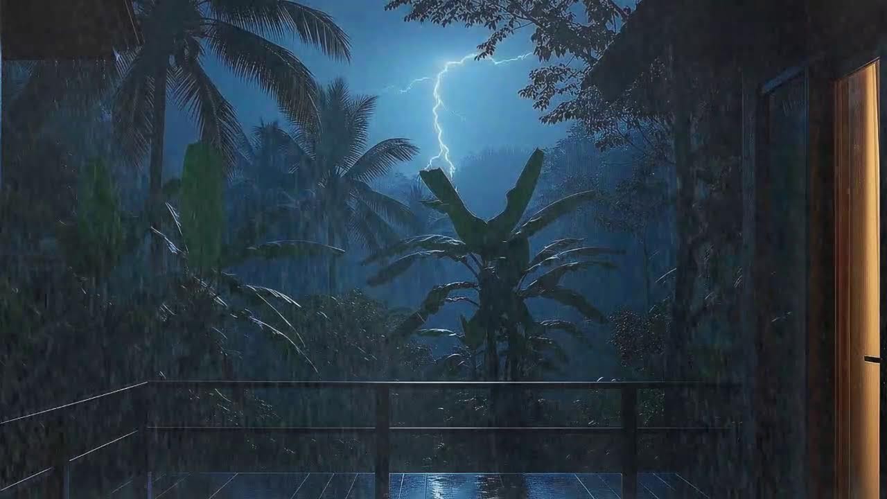 Rain Therapy with Distant Thunder Outside Cozy Tropical Cabin 🌧️