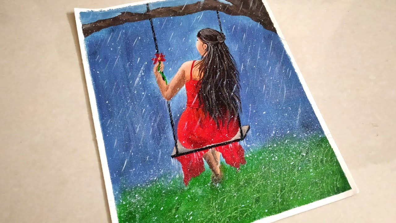 Girl on Swing in a Rainy Scenery Acrylic Painting/Rainy Season Painting/Girl in Red Dress Painting