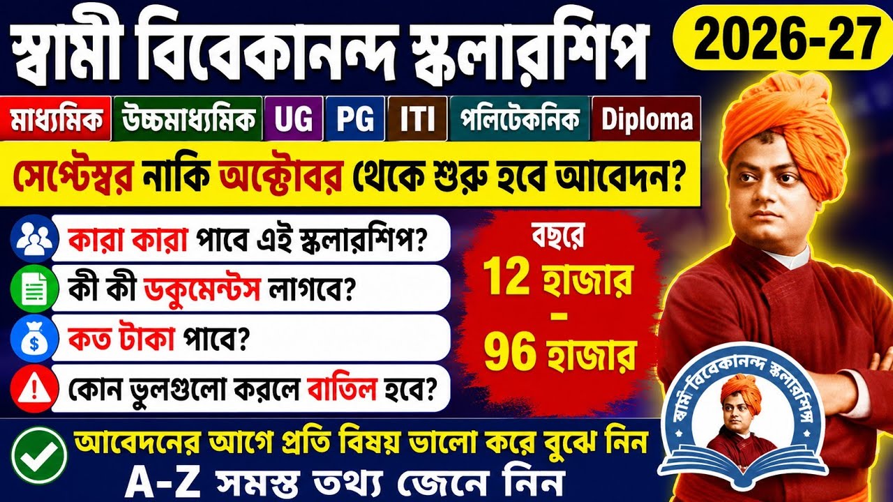 Swami Vivekananda Scholarship 2026। Eligibility, Ammount, Documents| SVMCM scholarship 2026-27 apply
