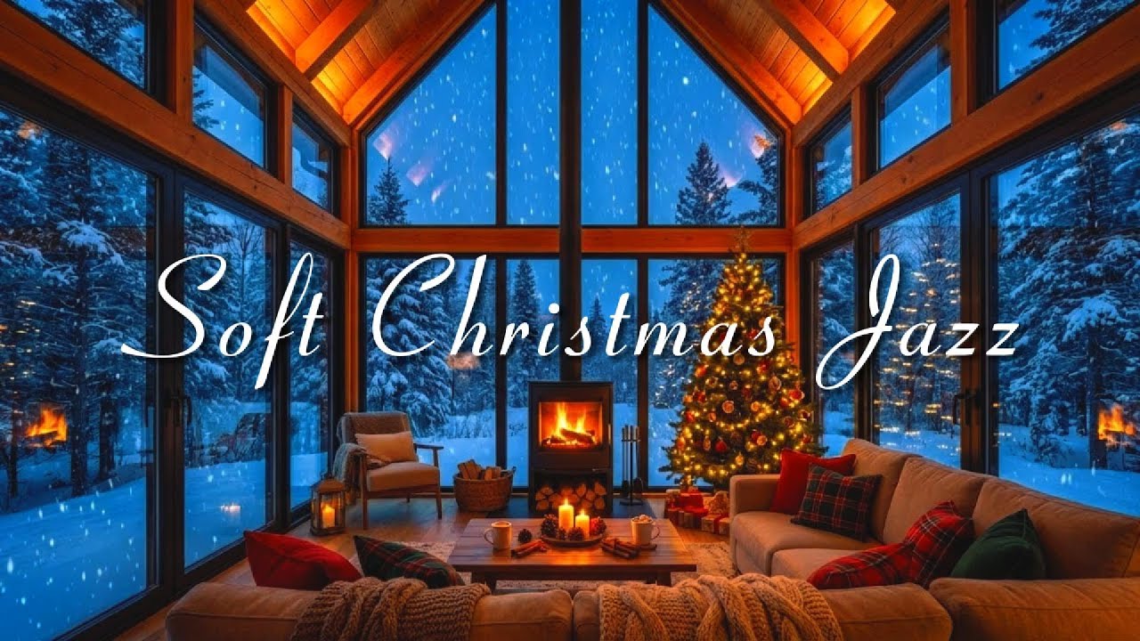 Soft Christmas Piano Jazz | Cozy Winter Cabin ❄️ Fireplace & Falling Snow