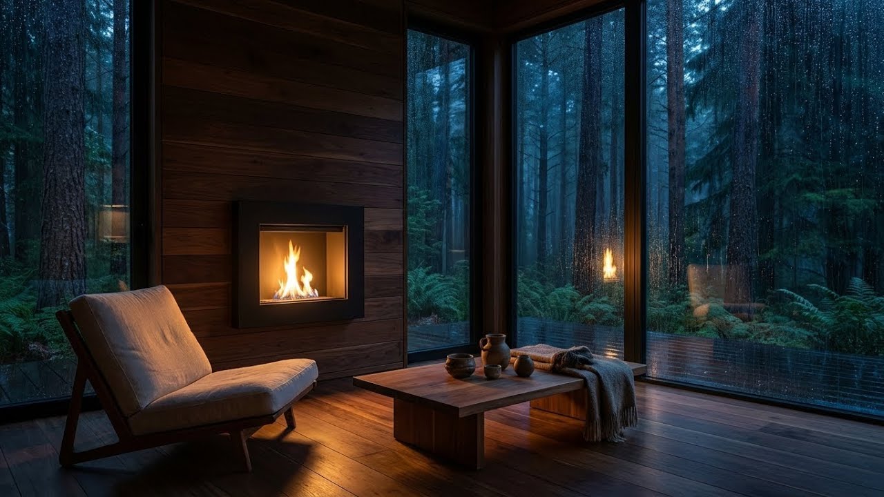 Peace at Last: Rain on Window, Modern Forest Cabin Interior, Quick Sleep and Stress Relief ⛈️🛋️