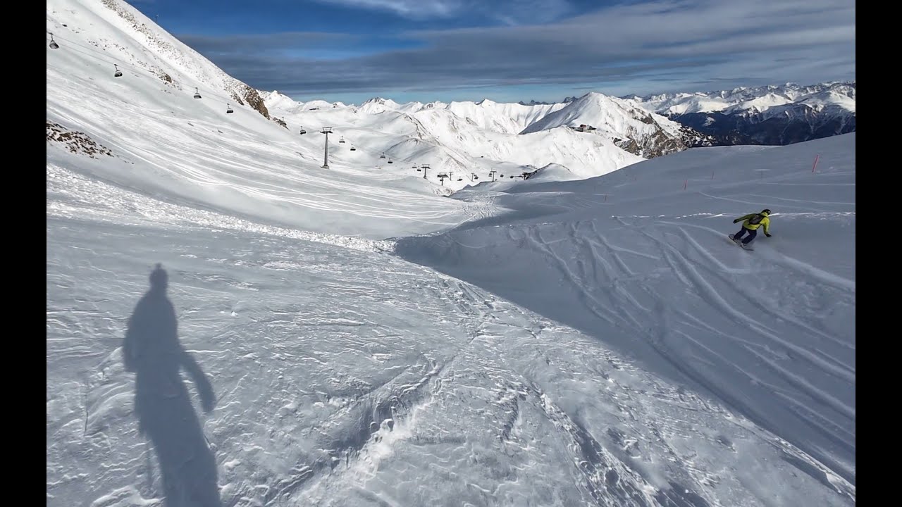 Freeriding Ischgl auf dem Snowboard mit crazy Alex zur Greitspitzbahn in die Schweiz