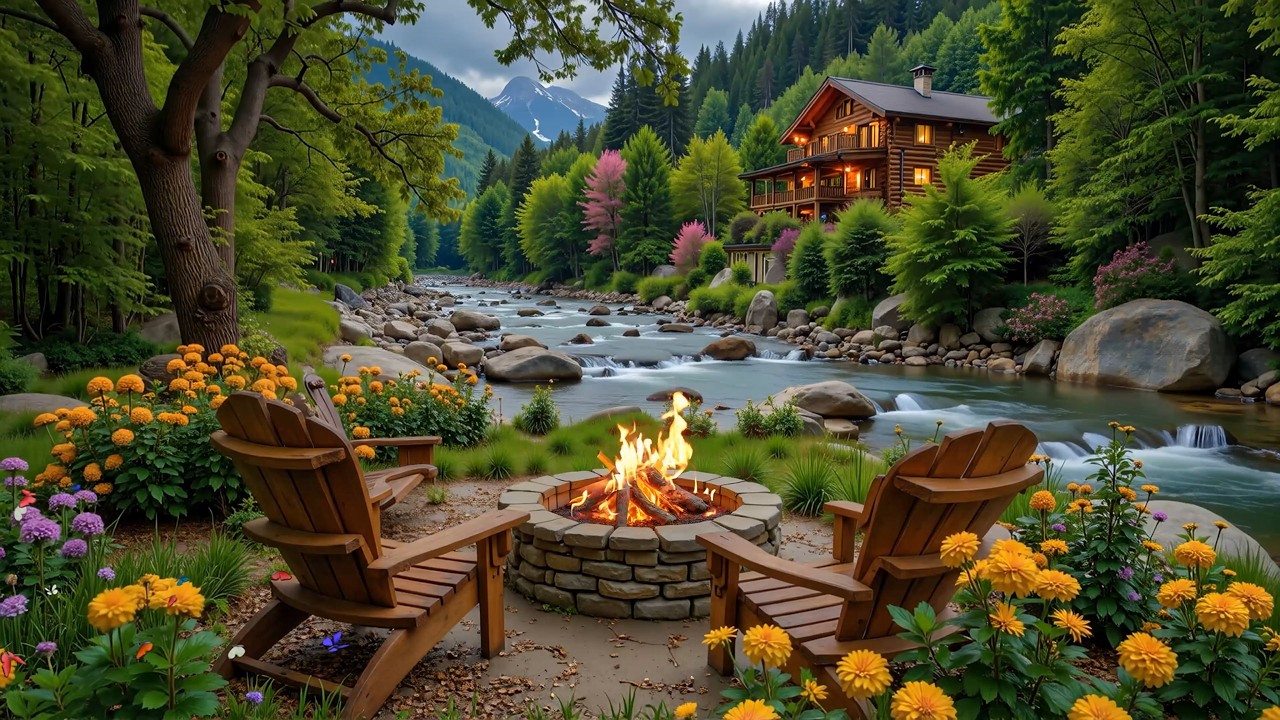 Beautiful Spring Cozy Fireplace Lakeside Room 🌺🌿 Relaxing Piano Music for Working and Studying