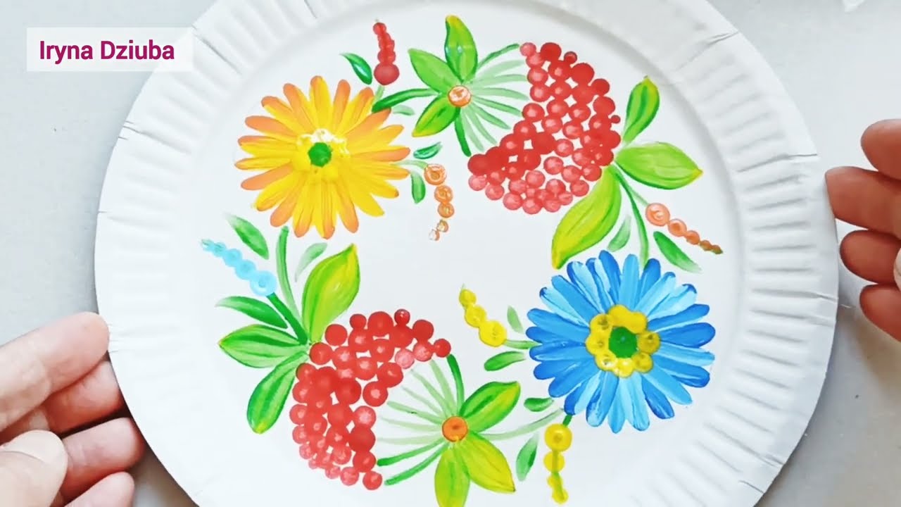 DIY Painted paper Plate Viburnum & Flowers 🌸 Тарілочка з калиною #art #petrykivka #acrylicart