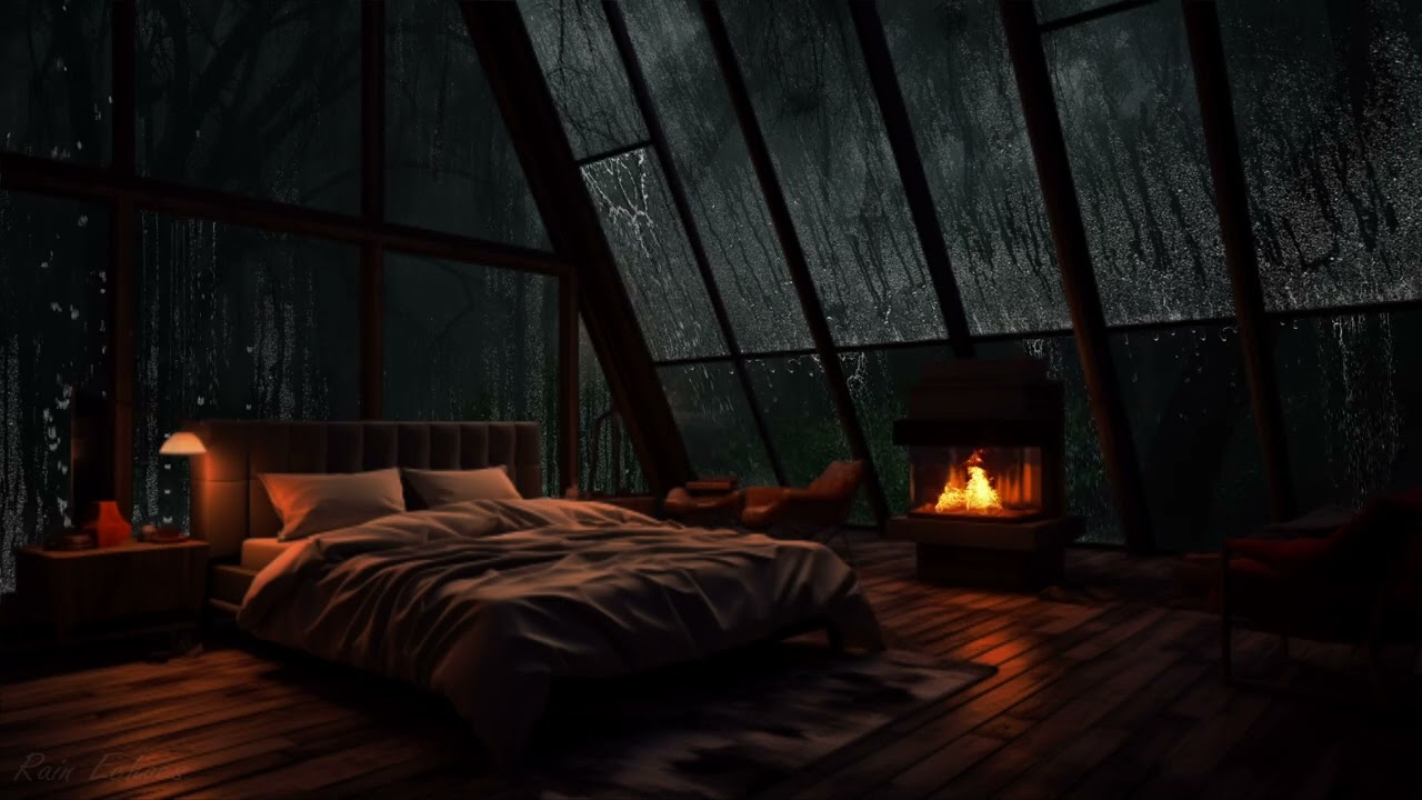 No Ads, Just Heavy Rain Forest on Windows of Cozy Attic Bedroom at Night w/ Fireplace