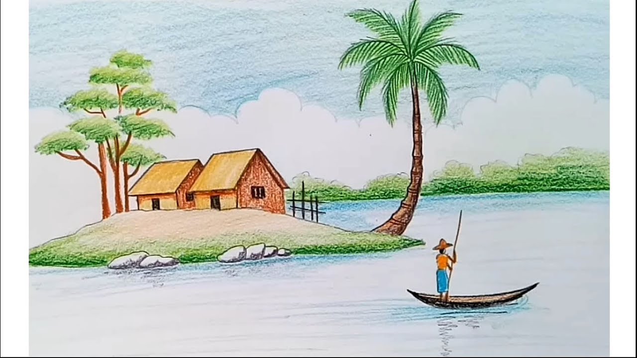 How to draw Landscape || Scenery of beautiful nature || Riverside village scenery