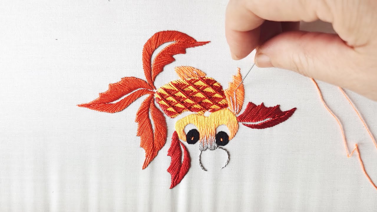 中國手工刺繡金鱼，中國傳統圖案和基礎針法