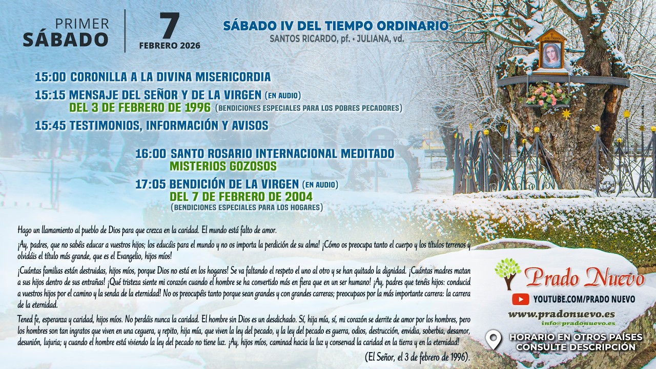 Primer Sábado 7 de Febrero 2026: ROSARIO MEDITADO (Misterios Gozosos) en DIRECTO desde Prado Nuevo
