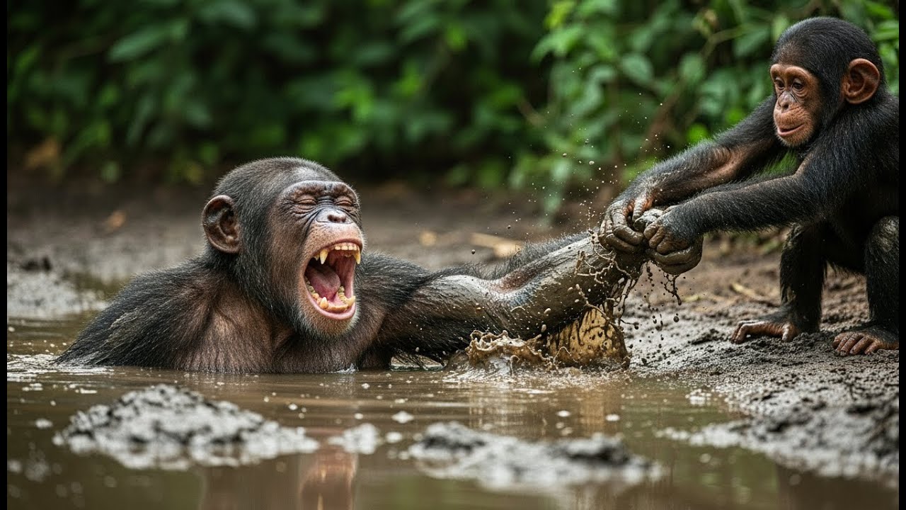 A Mãe Chimpanzé Quase Desapareceu na Areia Movediça… O Que Seu Filhote Fez Chocou a Todos