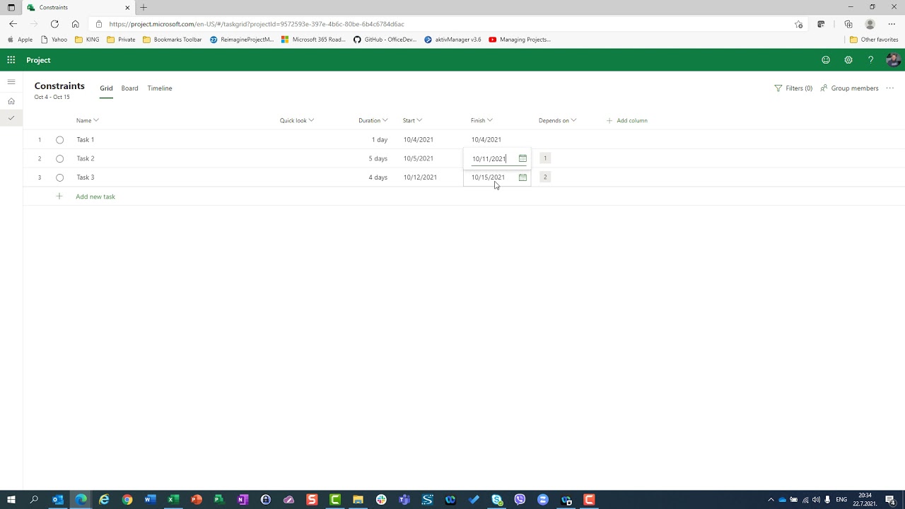 Task constraints in Microsoft Project for the web