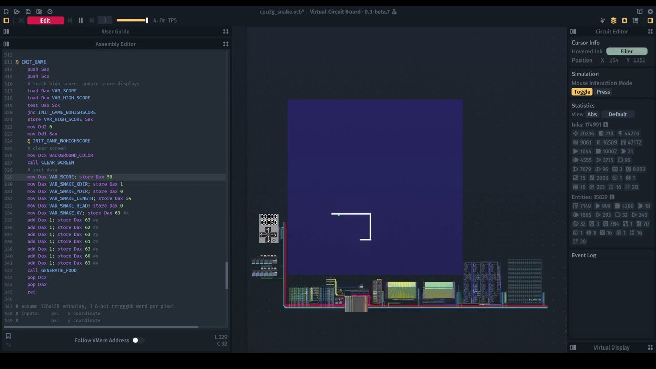 Snake Game (16-bit CPU) | Virtual Circuit Board
