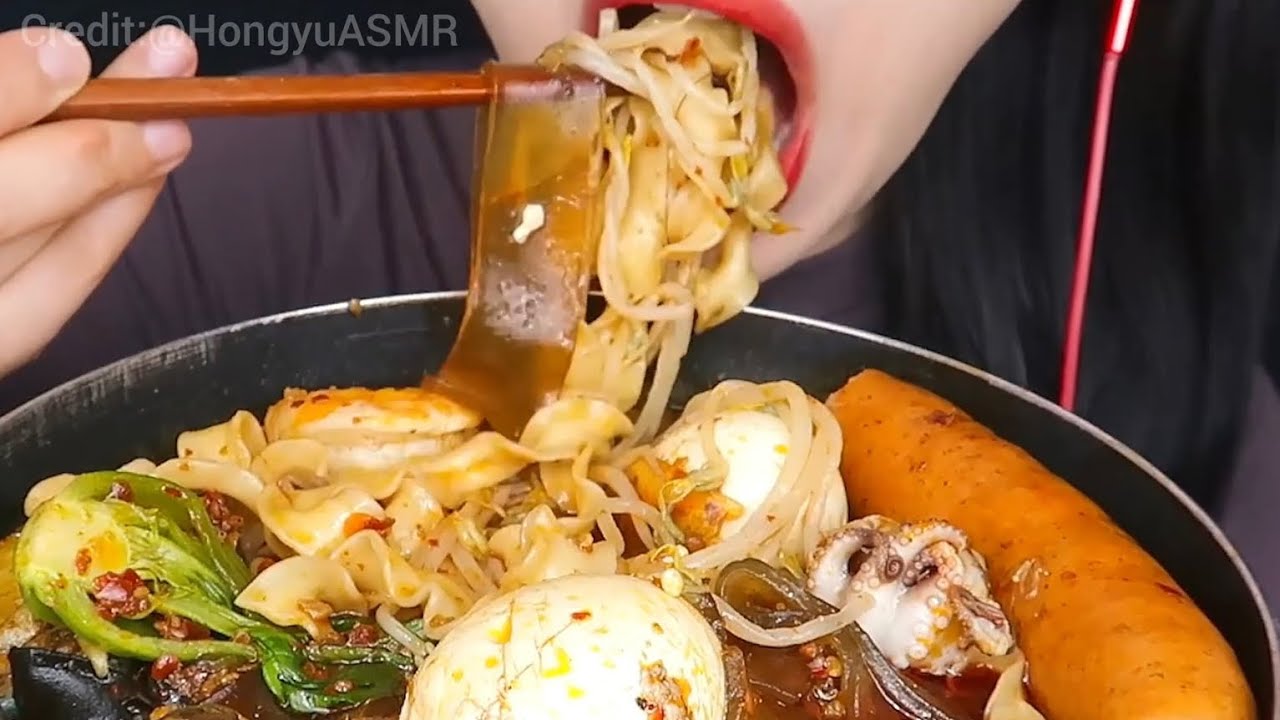 Mukbang spicy soup noodle sausage octopus & eggs big bites asmr 85