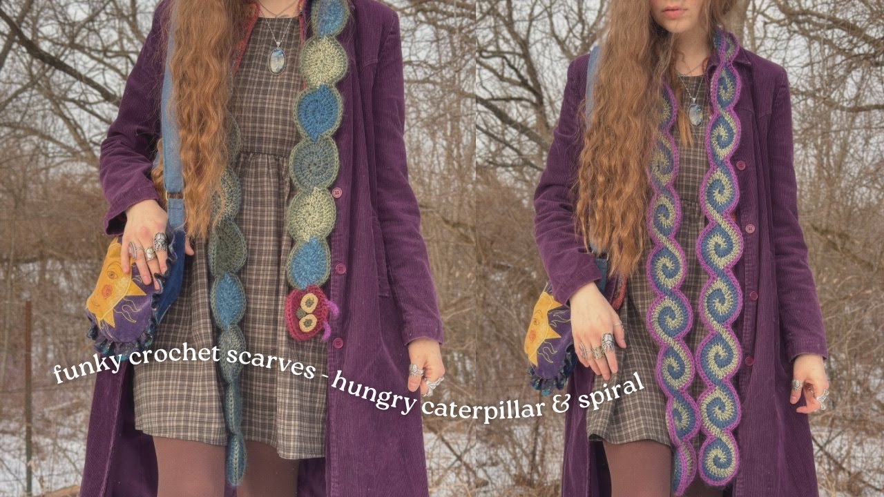 funky crochet scarves - the hungry caterpillar & spirals 🍎✨🌀🐛🪱💫