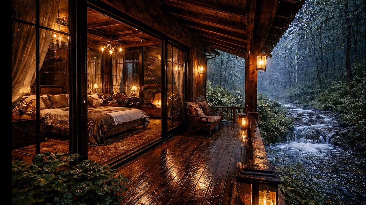 Dark Forest Luxury Bedroom ASMR🌙 | Heavy Rain & Flowing River | 3+ Hours of Cozy Night Ambience