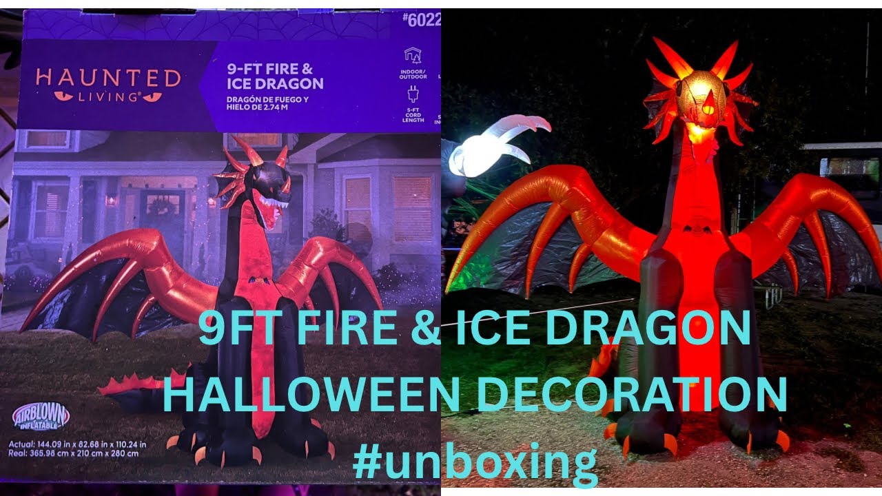 UNBOXING 9FT FIRE & ICE DRAGON HALLOWEEN DECORATION & SETTING UP!