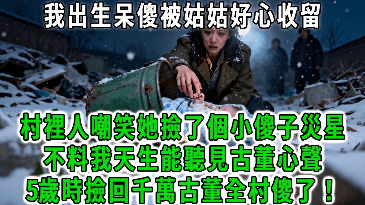 我剛出生時呆呆傻傻不會說話，被嫌棄是個累贅丟在垃圾角落，瘋癲姑姑暴風雪趕來見我回家，村裡人嘲笑她撿了個小傻子災星，不料我天生能聽見古董心聲，5歲時撿回千萬古董全村傻了！#荷上清風 #爽文