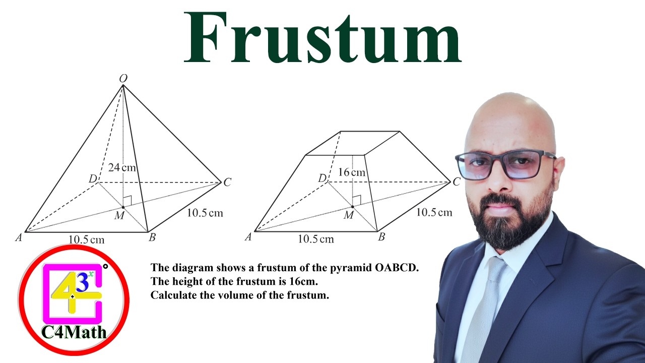 The diagram shows a frustum of the pyramid OABCD. The height of the frustum is 16cm. Find volume.
