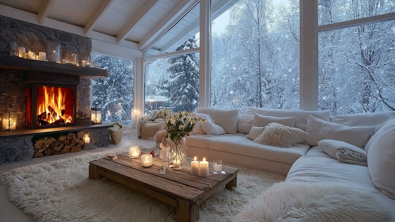 White Winter Piano Ambience with Gentle Firelight and Floral Decor for 3 Hours Peace