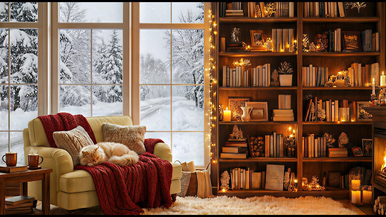 Relaxing Piano &Sleeping Cat |Snow Outside, Warm Inside, For Focus, Work， Stress Relief & Deep Sleep
