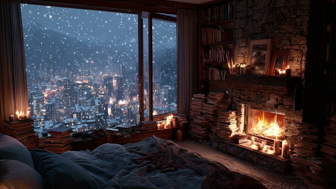 Tranquil Winter Cabin Evening | Cozy Fire Sounds and Gentle Snowfall for Peaceful Rest 😴