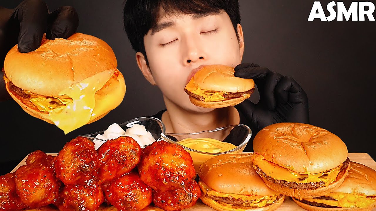 ASMR DOUBLE CHEESEBURGERS & KOREAN FRIED CHICKEN MUKBANG чизбургер | NO TALKING EATING SOUNDS
