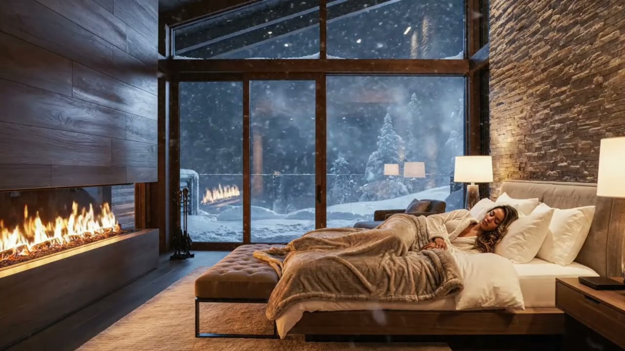 10 HOURS Luxury Night Relax Sleep Mountain Snowstorm, Warm Fireplace & Cozy Chalet for Deep Sleep