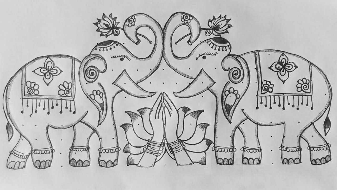 welcome elephant and hand rangoli kolam with 11 dots ll elephant muggu