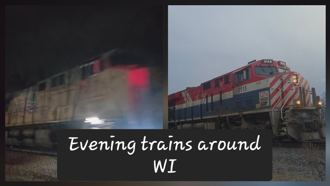 CN trains in fond du lac and Slinger in the evening (BC rail HU, Demo unit, WSOR, UP power + more) 