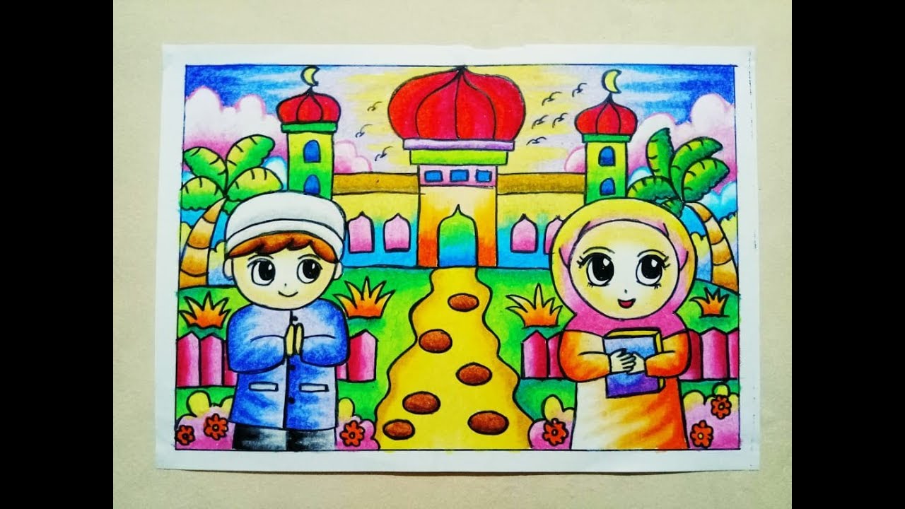 Cara Mewarnai Gradasi Crayon / Oilpastel : Pergi ke Masjid