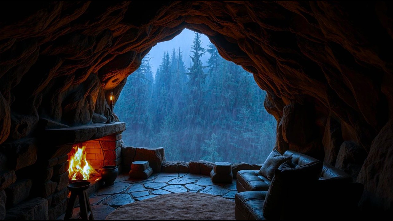 Rainthoria Nights 🌧️ Hidden Cave Rain & Cozy Fireplace Sounds