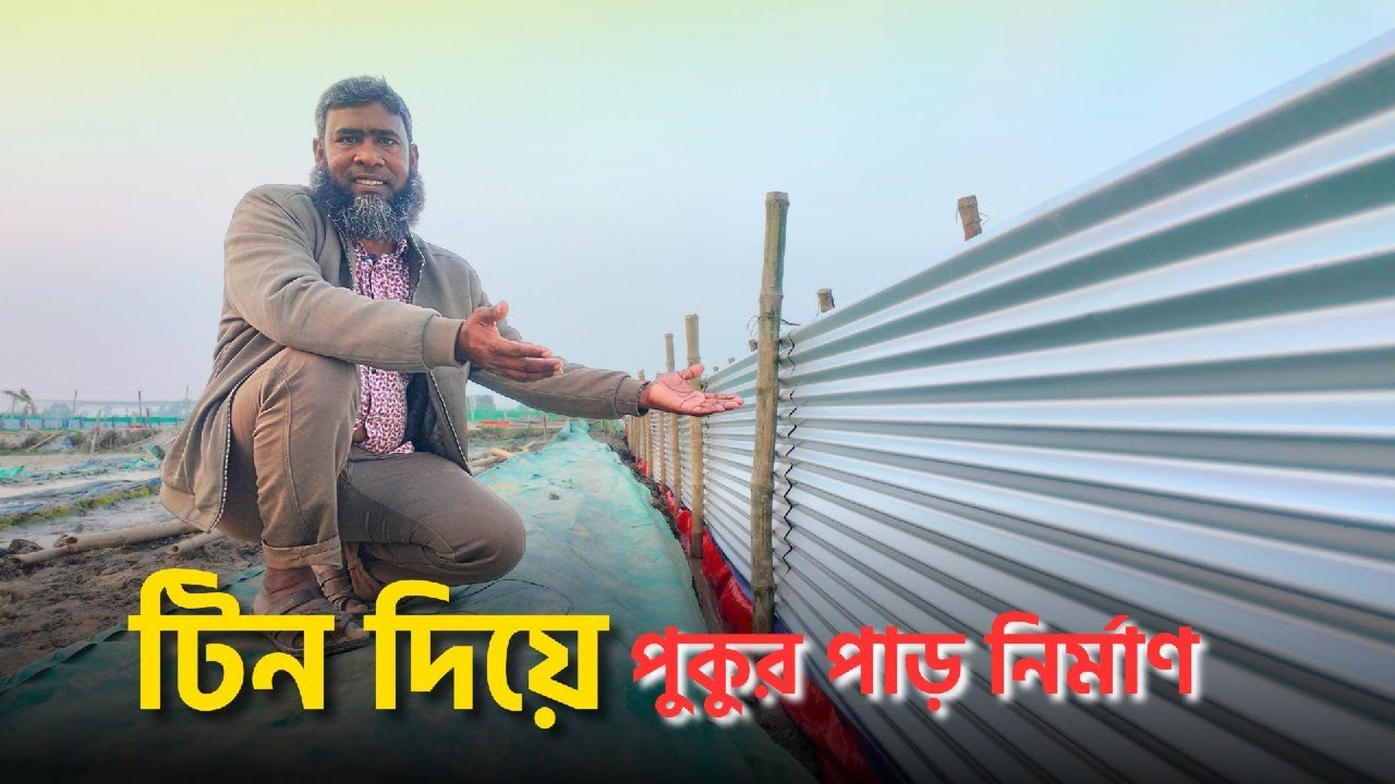 টিন দিয়ে মাছবাড়ির পুকুর পাড় নির্মাণ ।